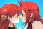  2girls aqua_background blush closed_eyes color_connection commentary commission crossover earrings elisbian elizabeth_rose_bloodflame elizabeth_rose_bloodflame_(1st_costume) english_commentary flower from_side hair_color_connection hair_flower hair_intakes hair_ornament half-closed_eyes highres himeko_(honkai:_star_rail) hololive hololive_english honkai:_star_rail honkai_(series) imminent_kiss jewelry long_hair looking_at_another multiple_girls orange_flower orange_rose parted_lips portrait profile red_hair rose simple_background straight_hair vgen_commission virtual_youtuber yuri 