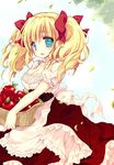  apple bad_id bad_pixiv_id basket blonde_hair blue_eyes breasts collarbone dress emily_(pure_dream) food fruit large_breasts looking_at_viewer open_mouth original petals 