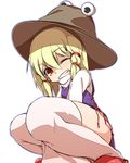  between_legs blonde_hair from_below grimace grin hand_between_legs hat looking_at_viewer moriya_suwako one_eye_closed orange_eyes shamo_(koumakantv) simple_background smile solo squatting thighhighs thighs touhou white_background white_legwear 