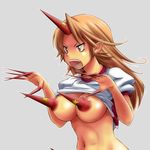  abs ao_usagi bottomless breasts brown_hair claws fangs horn hoshiguma_yuugi large_breasts long_hair open_mouth pointy_ears red_eyes shirt_lift simple_background solo star touhou what when_you_see_it 