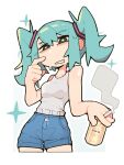 1girl aqua_hair asdfgh200218 bare_shoulders beer_can blue_shorts can cigarette clenched_teeth collarbone commentary cropped_legs drink_can grey_eyes hatsune_miku highres holding holding_can holding_cigarette looking_at_viewer shirt shorts sleeveless sleeveless_shirt smoke solo teeth twintails untranslatable_commentary vocaloid white_shirt 