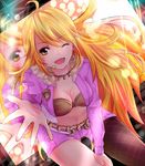  belly_chain blonde_hair headset hoshii_miki idolmaster idolmaster_(classic) jewelry kotorii leaning_forward long_hair one_eye_closed open_mouth outstretched_hand pantyhose pink_diamond_765 solo yellow_eyes 