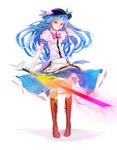  blue_hair bow cross-laced_footwear food frills fruit hat hinanawi_tenshi kokono_(sakaebaka) leaf long_hair looking_at_viewer peach red_eyes short_sleeves simple_background solo sword sword_of_hisou touhou very_long_hair weapon 