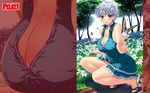  action_pizazz blue_eyes breasts bug butterfly cleavage dress earrings flower high_heels highres huge_breasts insect jewelry kuon_michiyoshi lily_(flower) shoes short_hair solo tree wallpaper white_hair zoom_layer 