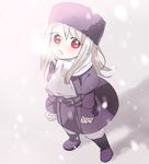  boots coat fate/zero fate_(series) hat illyasviel_von_einzbern long_hair oneroom-disco purple_footwear purple_hat red_eyes scarf solo white_hair white_scarf 