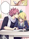  1boy 1girl black_jacket blank_speech_bubble blonde_hair blush book breasts collared_shirt commentary english_commentary fairy_tail glasses green_ribbon hair_ribbon highres holding holding_pencil jacket large_breasts long_hair long_sleeves lucy_heartfilia natsu_dragneel open_book orange_eyes pencil red_hair ribbon scarf shirt short_hair speech_bubble sweat whispering white_scarf white_shirt writing yookanart 
