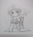  :3 bug butterfly chibi graphite_(medium) hat insect japanese_clothes kimono looking_at_viewer monochrome paw_pose saigyouji_yuyuko short_hair solo touhou traditional_media zimajiang 