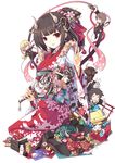  3girls ;q animal_ears black_hair blush_stickers brown_hair bull butterfly_hair_ornament cat copyright_request dog_ears earrings fan fish gloves guitar hair_ornament hairclip holding horns instrument japanese_clothes japanese_flag jewelry kimono kneeling long_hair looking_at_viewer mikoto_akemi multiple_boys multiple_girls one_eye_closed red_eyes sitting star tongue tongue_out v white_gloves white_hair 