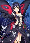  accel_world antenna_hair bare_shoulders black_hair blush brown_eyes bug butterfly butterfly_wings cla_(torinabe) elbow_gloves gloves hairband insect kuroyukihime long_hair navel open_mouth solo umbrella wings 