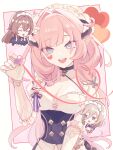  3girls aponia artist_collaboration black_dress blue_eyes breasts butterfly_hair_ornament chibi cleavage commentary_request dress eden_(honkai_impact) elf elysia_(honkai_impact) elysia_(miss_pink)_(honkai_impact) elysia_(miss_pink_elf)_(honkai_impact) fake_horns gloves gonnbe_fofo hair_ornament heart highres holding holding_heart honkai_(series) honkai_impact_3rd horns kantya_gnsn large_breasts long_hair maid maid_headdress multiple_girls open_mouth pink_hair pointy_ears smile very_long_hair white_gloves 