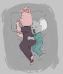 2019 3_fingers absurd_res anthro artist_name barefoot bedding bedding_background bent_arm bent_leg big_ears biped bird's-eye_view black_bottomwear black_clothing black_eyebrows black_nose black_pants black_shirt black_topwear bottomwear buster_moon clothed clothed_anthro clothed_female clothed_male clothing digital_drawing_(artwork) digital_media_(artwork) domestic_pig duo eyebrows eyelashes eyes_closed feet female fingers floppy_ears folded_ears freckled_face freckles fur fur_tuft gidankuroki green_bottomwear green_clothing green_pants green_shirt green_topwear grey_bedding grey_body grey_ears grey_fur grey_pillow head_on_pillow head_tuft hi_res high-angle_view hug hugging_another hugging_from_behind illumination_entertainment koala light_body light_fur male male/female mammal marsupial mature_anthro mature_female mature_male open_mouth pants pillow pink_body pink_ears pink_inner_ear pink_nose plantigrade romantic romantic_couple rosita_(sing) shirt sing_(movie) sleeping snout suid suine sus_(pig) text thick_eyebrows thick_eyelashes thick_thighs topwear tuft vombatiform white_inner_ear white_text year