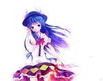  blue_hair blush bow food frills fruit hinanawi_tenshi leaf long_hair peach red_eyes sana_(unyata) short_sleeves simple_background solo sword sword_of_hisou touhou very_long_hair weapon 