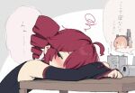  2girls a.i._voice adachi_rei ahoge beer_can black_shirt blush can commentary_request detached_sleeves drill_hair drink_can drunk highres kasane_teto kasane_teto_(utau) multiple_girls red_hair shirt sleeveless sleeveless_shirt speech_bubble translation_request tyawa_dnud3828 utau 