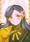  1girl black_jacket blue_hair blush brown_eyes cape grin hair_ornament highres honzuki_no_gekokujou jacket leorlontyan long_hair looking_at_viewer myne_(honzuki_no_gekokujou) neck_ribbon ribbon side_cape smile solo sparkle upper_body yellow_cape yellow_ribbon 