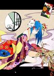  alternate_costume bad_id bad_pixiv_id bare_shoulders bell blue_hair bow card collarbone fox_mask hinanawi_tenshi japanese_clothes long_hair mask open_mouth oriental_umbrella plant red_eyes smoke solo tetsurou_(fe+) touhou umbrella 