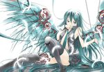  android bad_id bad_pixiv_id feathers green_eyes green_hair hair_down hatsune_miku long_hair mechanical_wings moonsorrow necktie open_clothes open_shirt shirt simple_background sitting skirt solo thighhighs very_long_hair vocaloid white_background wings 