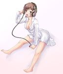  barefoot blush breasts brown_eyes brown_hair cleavage digital_media_player hair_ornament hairclip headphones kami_nomi_zo_shiru_sekai kosaka_chihiro listening_to_music medium_breasts naked_shirt nipples see-through shirt solo yo-jin 