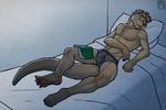  adders bed biceps big_muscles book briefs bulge clothing eyes_closed eyewear glasses lying male mammal muscles mustelid on_back otter pillow sleeping solo topless tsaiwolf underwear 