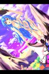  blue_hair boots cloud collarbone cross-laced_footwear flat_chest food fruit hair_censor hat hinanawi_tenshi leaf long_hair mountain ninel_(idkaruna) nude open_mouth peach red_eyes sky solo touhou undressing very_long_hair 