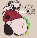 abdominal_bulge anthro belly belly_overhang big_breasts bodily_fluids bovid breasts burp_cloud burping caprine chuckling digestion digestion_implied digestion_noises drooling female fur hi_res mammal navel saliva shadowed_eyes sheep smug_expression smug_face solo standing vore winterfella wool_(fur)