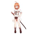  1girl :d ahoge bangs blush boots breasts brown_footwear brown_hair brown_shorts clothes_writing collarbone cross-laced_footwear eyebrows_visible_through_hair fang full_body hair_between_eyes hand_on_hilt hand_on_hip highres jacket katana lace-up_boots long_hair looking_at_viewer open_clothes open_jacket open_mouth original purple_eyes sheath sheathed shibakame shirt short_shorts shorts simple_background sleeves_rolled_up small_breasts smile solo standing sword translation_request weapon white_background white_jacket white_shirt 