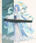  1girl alternate_costume blue_eyes blue_hair chinese_clothes closed_mouth clothing_request commentary earrings fiery_horns forehead_tattoo full_body guest_art hair_ornament hair_stick horns instrument instrument_request jewelry kuroduki long_hair looking_at_viewer qingxiao_(wuthering_waves) smile solo tattoo wuthering_waves 