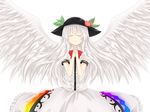  alternate_hair_color angel_wings awai_shiro bad_id bad_pixiv_id bow closed_eyes food frills fruit hands_clasped hat hinanawi_tenshi leaf light_smile long_hair m.u.g.e.n own_hands_together peach short_sleeves simple_background smile solo touhou very_long_hair white_hair wings 