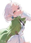  1girl ahoge artist_name capelet cloak closed_mouth commentary_request cowboy_shot dress earrings elf forehead from_side green_capelet green_cloak grey_hair hand_up highres jewelry long_sleeves looking_at_viewer medium_hair mushoku_tensei niboshidrip orange_eyes parted_bangs pointy_ears short_hair simple_background solo sylphiette_(mushoku_tensei) watermark white_background white_dress 