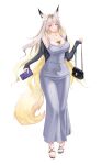  1girl absurdres animal_ear_fluff animal_ears bag bare_shoulders black_bag blonde_hair blush breasts cellphone chest_tattoo cleavage colored_inner_hair commentary_request dongtan_dress dress forehead_tattoo fox_ears fox_girl fox_tail full_body grey_dress grey_jacket hair_ornament handbag highres holding holding_bag holding_phone hsin_(illumining_form)_(wuthering_waves) hsin_(wuthering_waves) jacket large_breasts long_dress long_hair looking_at_viewer multicolored_hair off_shoulder parted_lips phone sandals smartphone smile solo tail tattoo toes white_hair wuthering_waves yellow_eyes zing_(zingart) 