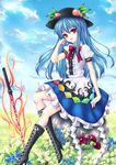  blue_hair bow cloud cross-laced_footwear day flower food fred0092 frills fruit grass hat hinanawi_tenshi keystone leaf long_hair open_mouth peach red_eyes rock short_sleeves sitting sky solo sword sword_of_hisou touhou very_long_hair weapon 