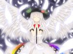  alternate_hair_color angel_wings awai_shiro bad_id bad_pixiv_id bow closed_eyes feathers food frills fruit hands_clasped hat hinanawi_tenshi leaf light_smile long_hair m.u.g.e.n own_hands_together peach short_sleeves simple_background smile solo touhou very_long_hair white_hair wings 