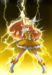  arm_up bike_shorts blonde_hair blush boots bow choker clenched_teeth cure_peace hair_flaps hair_ornament highres kise_yayoi lightning long_hair magical_girl ponytail precure shorts shorts_under_skirt skirt smile_precure! solo takebi teeth v wince wrist_cuffs yellow yellow_bow yellow_eyes yellow_shorts yellow_skirt 