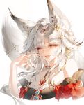 1girl animal_ear_fluff animal_ears bare_shoulders black_dress breasts chest_tattoo chinese_commentary cleavage commentary_request detached_sleeves dress finger_to_mouth fingernails forehead_tattoo fox_ears fox_girl fox_shadow_puppet fox_tail hair_ornament highres hsin_(wuthering_waves) large_breasts long_hair looking_at_viewer one_eye_closed orange_eyes parted_lips red_lips red_nails red_sleeves revision simple_background smile solo tail tattoo textless_version upper_body white_background white_hair wuthering_waves zerobell 