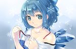 bare_shoulders blue_eyes blue_hair bow breasts cirno cleavage collarbone dress_shirt face hair_bow light_smile looking_at_viewer off_shoulder ryou_(effort) shirt short_hair small_breasts smile snowflakes solo strap_slip touhou undressing white_shirt wings 