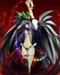  alternate_costume arms_up black_wings blue_hair breasts food frills fruit hat highres hinanawi_tenshi hirumegami leaf long_hair navel peach plant red_eyes small_breasts smile solo thorns touhou vines wings 