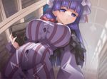  blue_eyes book bookshelf bow breasts curvy frills from_below hat huge_breasts library long_hair long_sleeves patchouli_knowledge purple_hair shishamo@ solo touhou very_long_hair voile 