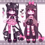  2girls animal_ears ariimaw artist_name asymmetrical_legwear bandaid bandaid_on_face bare_shoulders black_bow black_choker black_shoes black_skirt blush bone_hair_ornament bow brown_cardigan cardigan cat_ears cat_girl cat_tail choker cross_tattoo deformed elbow_gloves facial_tattoo fishnets footwear_bow full_body gloves grid_background hair_bow hair_ornament heart heart_hair_ornament heart_tattoo highres legwear_garter long_eyelashes long_hair long_sleeves looking_to_the_side low_twintails multiple_girls no_pupils open_cardigan open_clothes original parted_lips partially_fingerless_gloves pink_bow pink_eyes pink_skirt shirt shoes sidelocks single_elbow_glove single_legwear_garter skirt sleeveless sleeveless_shirt standing studded_choker studded_thigh_strap studs tail tail_bow tail_ornament tareme tattoo thick_eyelashes thigh_strap twintails very_long_hair watermark wide_sleeves x_hair_ornament 