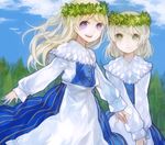  2girls apron artist_request blonde_hair eila_ilmatar_juutilainen finland flower_crown green_eyes head_wreath long_hair lowres multiple_girls purple_eyes sanya_v_litvyak short_hair silver_hair strike_witches traditional_clothes young younger 