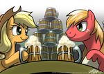  big_macintosh_(mlp) blonde_hair brother_and_sister cider equine eye_contact female feral friendship_is_magic green_eyes hair hat horse john_joseco male mammal my_little_pony pony sibling siblings smile 