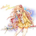  atelier_(series) atelier_meruru bad_id bad_pixiv_id blue_eyes bow cape copyright_name crown flower half_updo long_hair merurulince_rede_arls pink_hair red_bow ribbon sahara_(charlotte) smile solo staff 