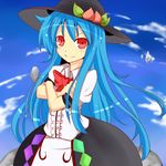  bad_id bad_pixiv_id blue_hair bow chorin cloud food frills fruit hat highres hinanawi_tenshi leaf long_hair looking_at_viewer peach red_eyes rock short_sleeves sky smile solo touhou very_long_hair 