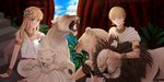  1girl ancient armlet artoria_pendragon_(all) babylon blonde_hair bracelet earrings fate/zero fate_(series) flower gilgamesh green_eyes hair_flower hair_ornament highres jewelry lion lioness long_hair necklace red_eyes saber toga tusia 
