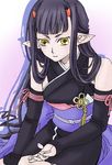  1girl alfa_system bare_shoulders black_hair detached_sleeves horns japanese_clothes pointy_ears sakuya_(tales_of_innocence) tales_of_(series) tales_of_innocence yellow_eyes 