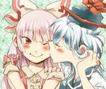  bad_id bad_pixiv_id blue_hair bow cheek_kiss close-up closed_eyes closed_mouth face flower fujiwara_no_mokou hair_bow hair_flower hair_ornament hand_on_shoulder hat kamishirasawa_keine kiss long_hair multiple_girls one_eye_closed profile red_eyes shinoasa silver_hair smile touhou yuri 