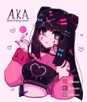  1girl aka_(ariimaw) ariimaw artist_name bandaid black_hair blush bone_hair_ornament breasts candy cardigan cone_hair_bun cropped_torso cross cross_hair_ornament cross_tattoo double_bun facial_tattoo fishnets food grey_eyes hair_bun hair_ornament hairclip halterneck hand_up heart highres holding holding_candy holding_food holding_lollipop lollipop long_eyelashes long_hair long_sidelocks long_sleeves looking_at_viewer midriff navel off_shoulder open_cardigan open_clothes original parallel_hairclips parted_lips pink_cardigan sidelocks simple_background sleeveless tareme tattoo thick_eyelashes watermark x_hair_ornament 