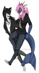  black_hair blue blue_body canine clothed clothing dragon duo female fish fur green_eyes hair herm hug hybrid intersex mammal marine necktie pink_hair plain_background rizz rizz_(character) shark white_background white_fur wolf 