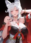  1girl absurdres animal_ear_fluff animal_ears armpit_crease armpits bare_shoulders blush breasts chest_tattoo cleavage commentary forehead_tattoo fox_ears fox_girl grin hair_ornament hand_on_own_chest hand_up highres hsin_(wuthering_waves) huge_breasts long_hair looking_at_viewer massoukei orange_eyes red_background signature simple_background smile solo sweat tattoo upper_body white_hair wuthering_waves 