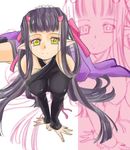  1girl alfa_system bare_shoulders boots breasts detached_sleeves horns long_hair pink_background pointy_ears purple_hair sakuya_(tales_of_innocence) smile tales_of_(series) tales_of_innocence yellow_eyes 