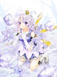  bakenekomata bare_shoulders blush boots gloves hat highres ice lace lace-trimmed_thighhighs lavender_hair letty_whiterock purple_eyes short_hair single_thighhigh smile snowflakes solo thighhighs touhou white_gloves 