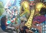  2girls absurdres breasts building car cat giant_of_light highres janusjan kaiju motor_vehicle multiple_girls multiple_heads non-web_source original skyscraper snake teeth ultra_series ultrawoman_seira ultrawoman_vela yellow_eyes 